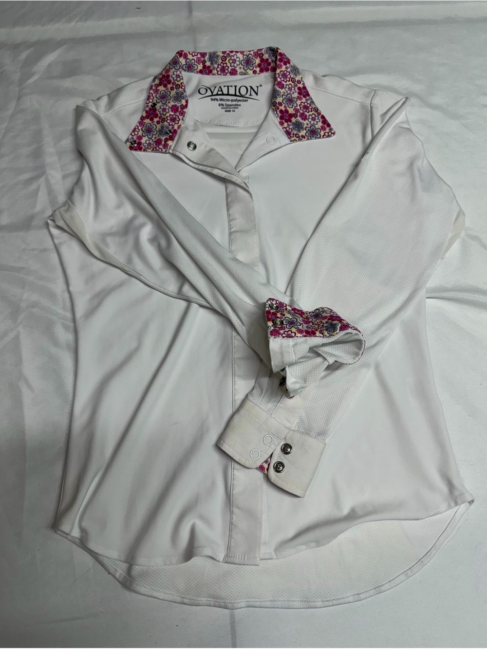 Ovation Girls' White Button-Down Shirt with Pink Floral Trim